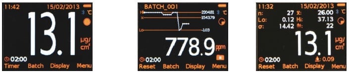 Figure 3 Examples of Displays Showing (L) Reading, (C) Run Chart for last 20 readings in Parts Per Million and (R) Statistics from a Batch of Readings