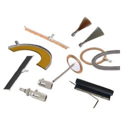 An array of High Voltage Test Electrodes Including Band Brushes, Rolling Spring, Straight and Curved Wire Brushes, Conductive Rubber and Internal Brush Types. These can be used with either Continuous DC or Pulsed DC High Voltage Porosity Detectors.
