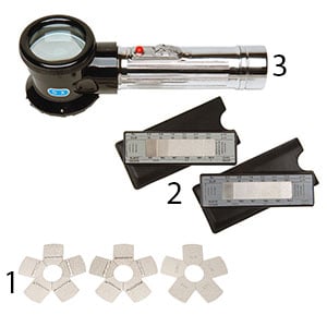 Figure 3 – The Keene-Tator Surface Comparator(1) With Magnifier(3) and Shot, Grit and Sand Discs. The Rubert Surface Comparators(2)