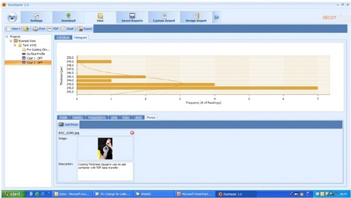 Screen shot of the Data Management Software Showing a Dry Film Thickness Batch with a Photograph